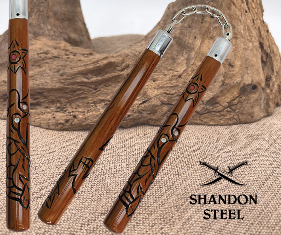 Wood carved HPC133-DR Nunchaku