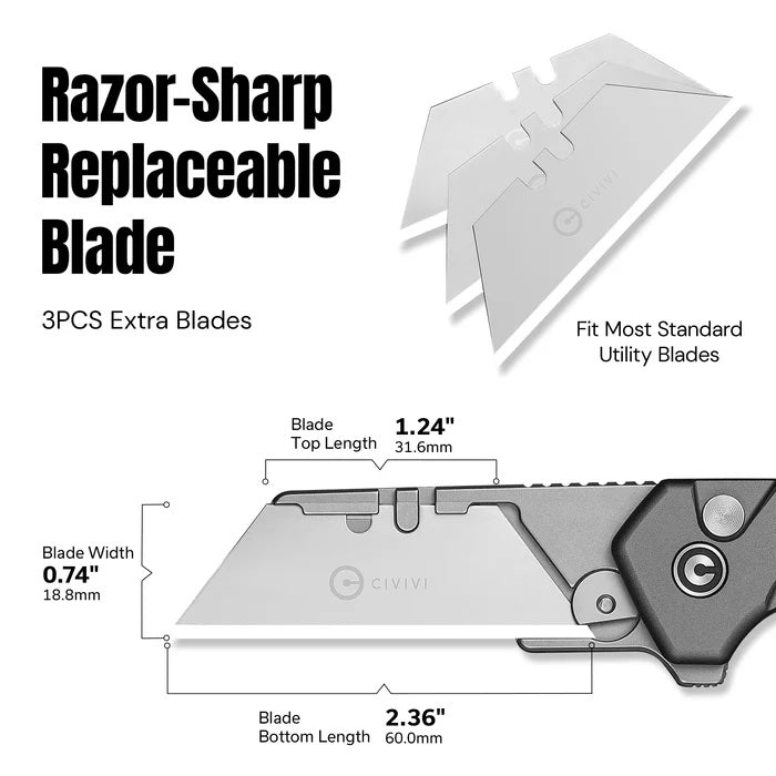 CIVIVI Pulsara Utility Flipper & Button Lock Knife Gray Aluminum Handle (2.44" Stonewashed S/S Blade Holder & Plain 6Cr13 Blade) C24041F-4