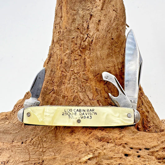 Vintage USA Advertising Pocket Knife Log Cabin Bar 3 blade bottle opener (176)