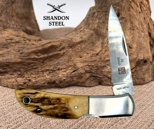 Al Mar Hawk Stag Lockback Drop Point Folding Pocket Knife Seki Japan (125)