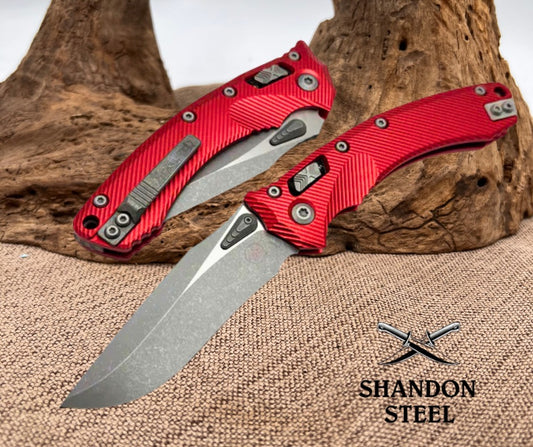 Microtech Amphibian RAM LOK Red Fluted Aluminum & Apocalyptic M390MK 137RL-10APFLRD