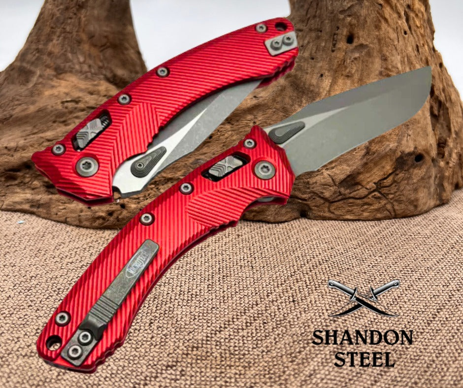 Microtech Amphibian RAM LOK Red Fluted Aluminum & Apocalyptic M390MK 137RL-10APFLRD