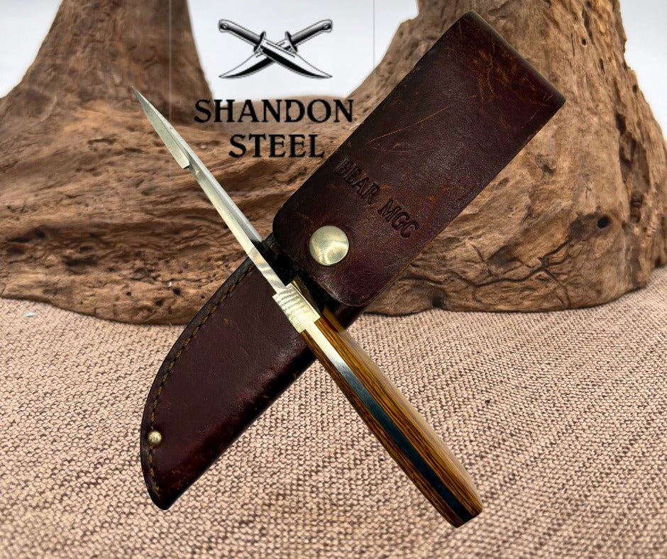 Bear MGC Hunting Knife USA Gut Hook Wood Handle Skinner Leather Sheath (C04)