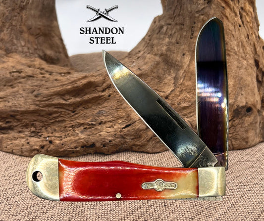 RARE Bear & Son Cutlery Smooth Red Bone Jumbo Trapper 2 Blade Pocketknife (4)