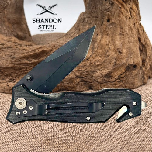 TANTO TACTICAL FOLDING POCKET KNIFE SEATBELT CUTTER WINDOW BREAKER SERRATED(201)
