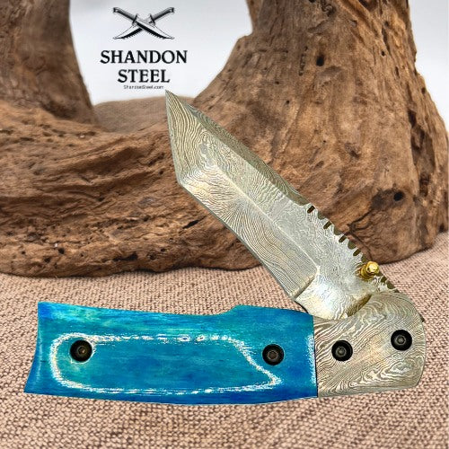 Unbranded Damascus Tanto Folding Pocket Knife Blue Handle Leather Sheath (47)