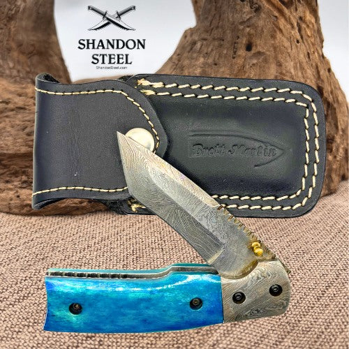 Unbranded Damascus Tanto Folding Pocket Knife Blue Handle Leather Sheath (47)
