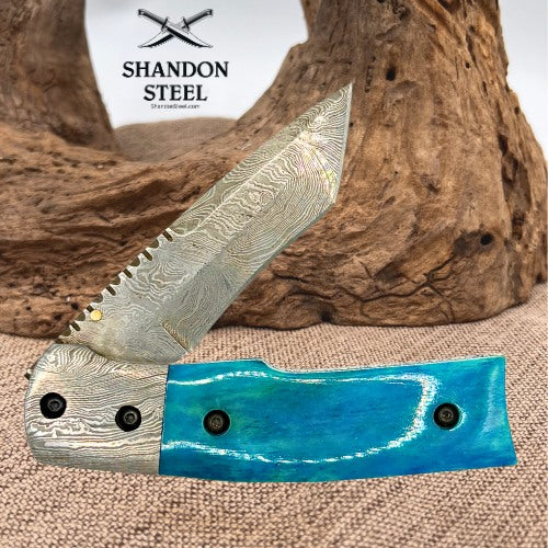 Unbranded Damascus Tanto Folding Pocket Knife Blue Handle Leather Sheath (47)
