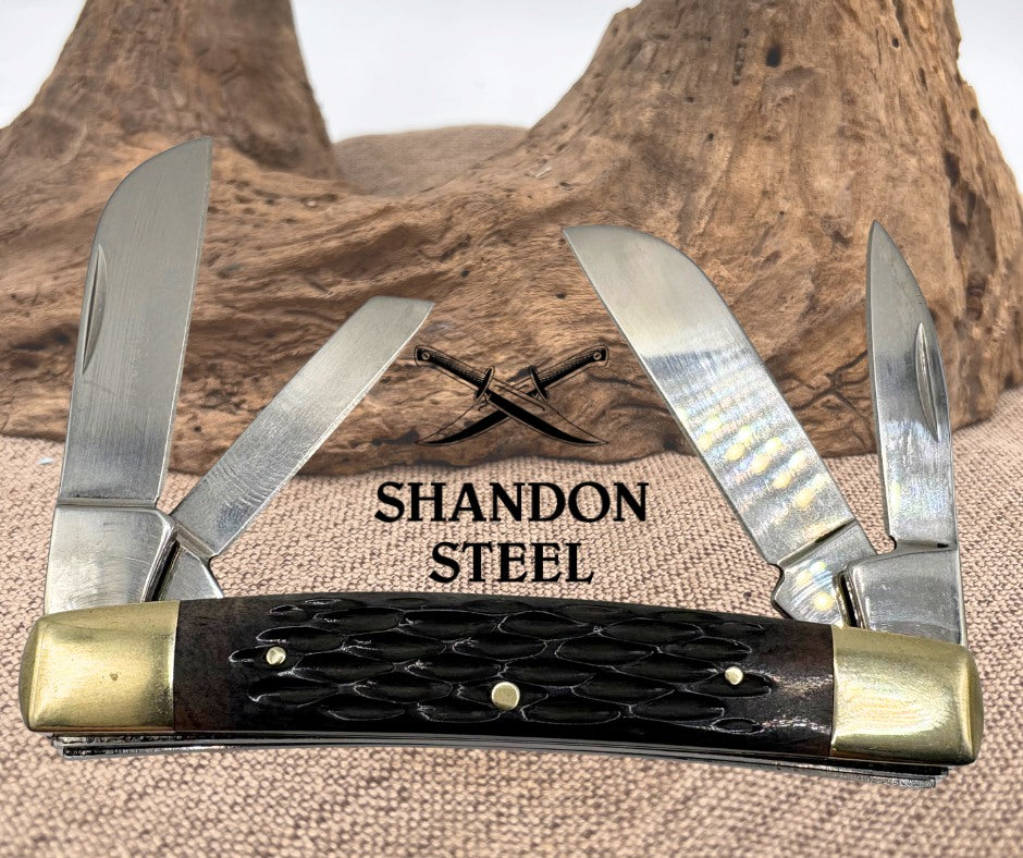BOKER TREE BRAND JIGGED BLACK BONE 4 BLADE CONGRESS FOLDING POCKET KNIFE (02)