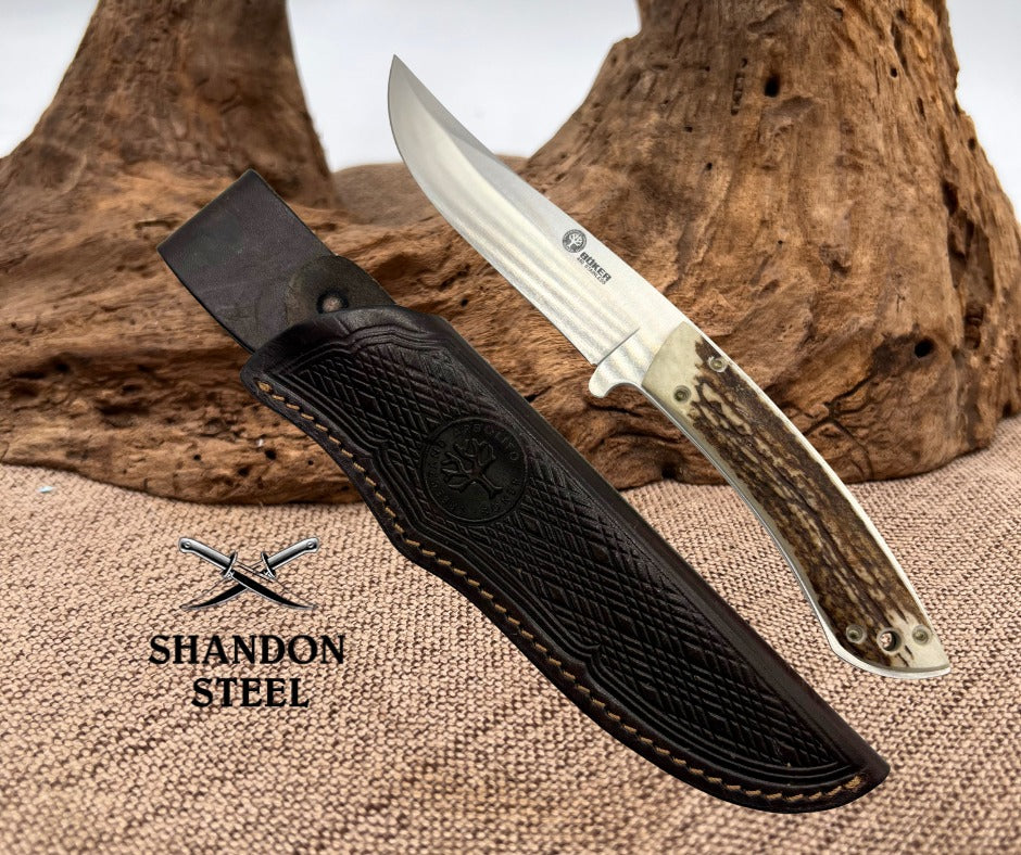 BOKER ARBOLITO HUNTER STAG FIXED BLADE KNIFE  STAG HANDLE LEATHER SHEATH (5)