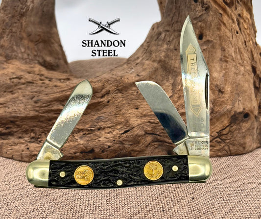 BOKER 1972 WISS SOLINGEN GERMANY-#7588LTD-3 BLADE STOCKMAN TREE BRAND KNIFE (37)