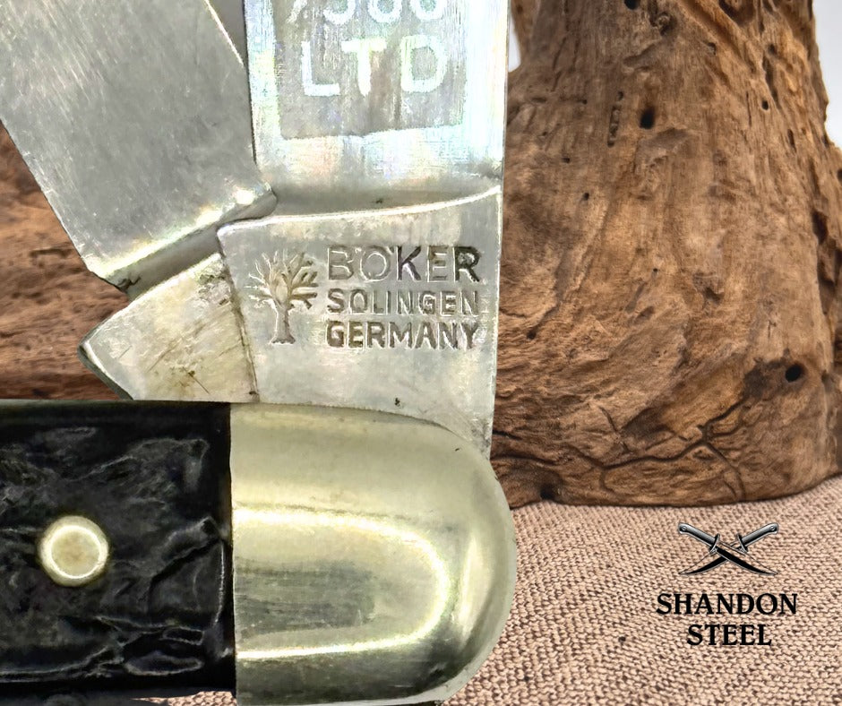 BOKER 1972 WISS SOLINGEN GERMANY-#7588LTD-3 BLADE STOCKMAN TREE BRAND KNIFE (37)