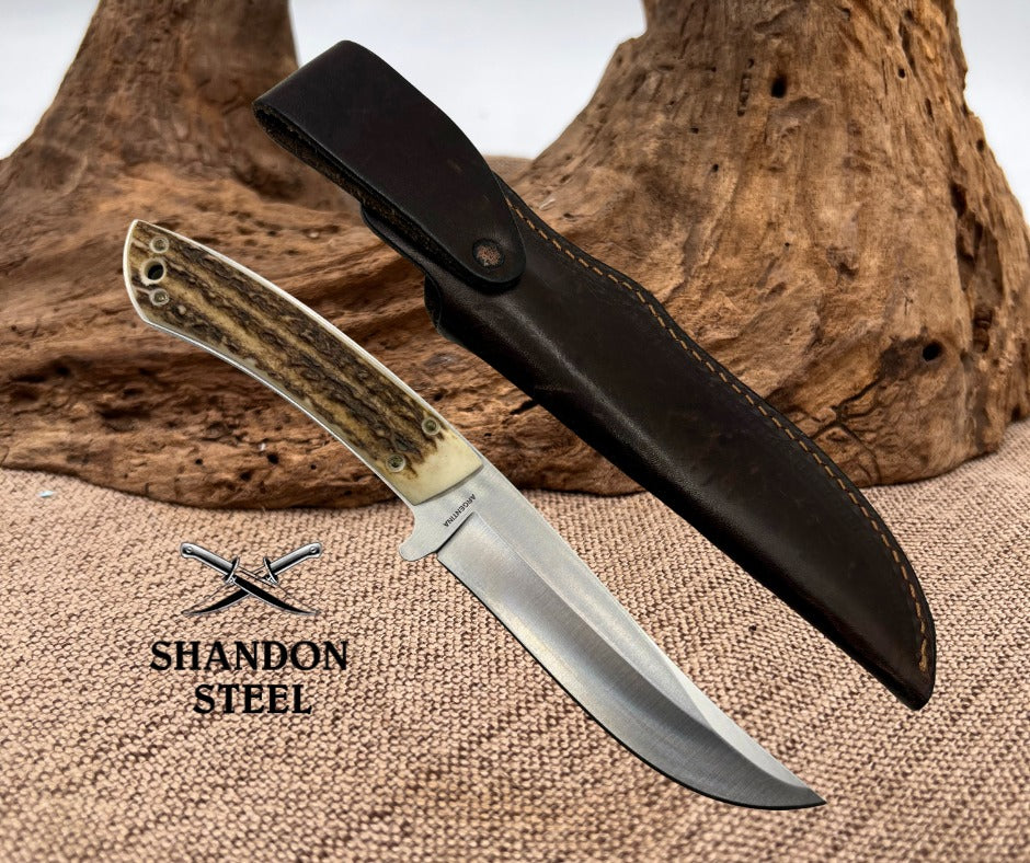 BOKER ARBOLITO HUNTER STAG FIXED BLADE KNIFE  STAG HANDLE LEATHER SHEATH (5)