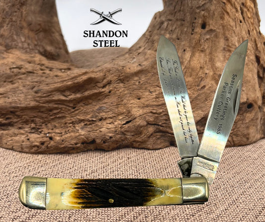 Parker Cutlery Season’s Greetings 1985 Vintage Jigged Bonestag Trapper Knife -79