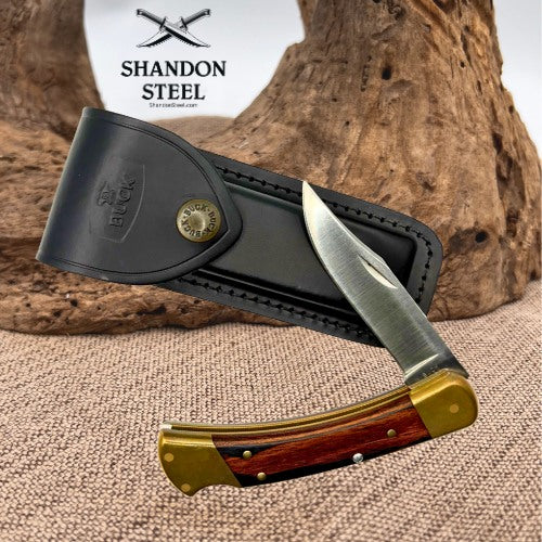 Buck 110 Hunter Wood Handle Folding Pocket Knife Lockback 1995 USA w/Sheath 169