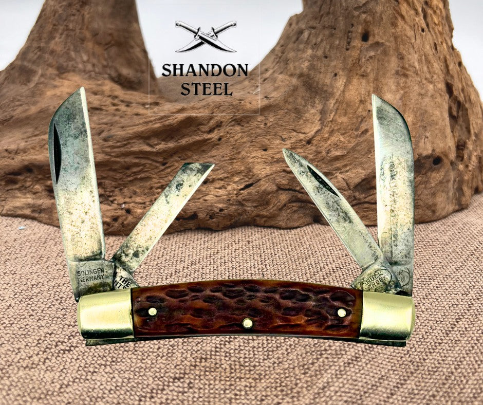 BUCK CREEK GERMANY STAG Vintage LARGE 4 BLADE CONGRESS POCKET KNIFE CARBON (125)