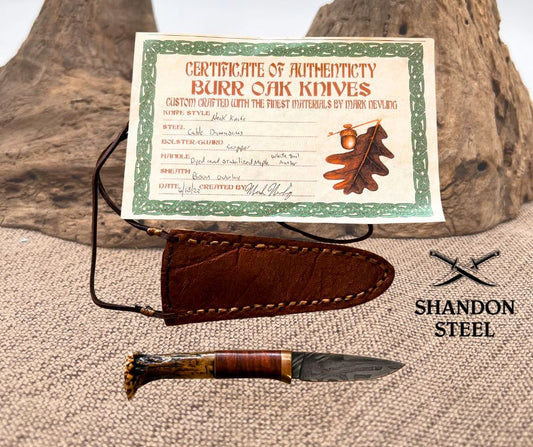 Burr Oak Handmade USA Damascus Drop Point Neck Knife w Sheath By MARK NEVLING 06