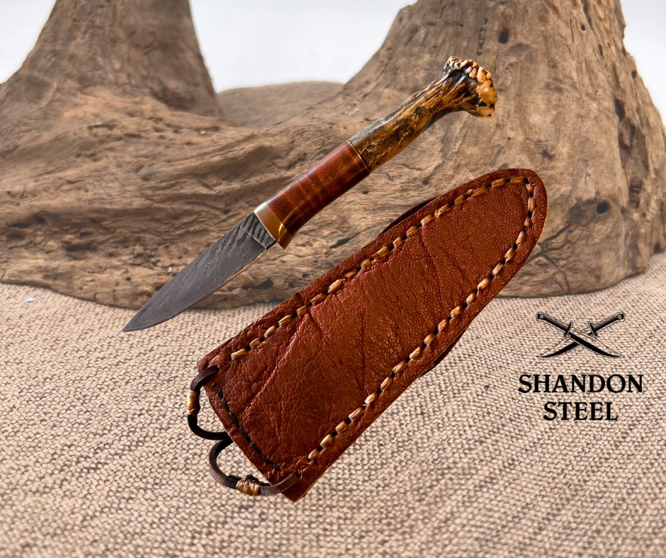 Burr Oak Handmade USA Damascus Drop Point Neck Knife w Sheath By MARK NEVLING 06