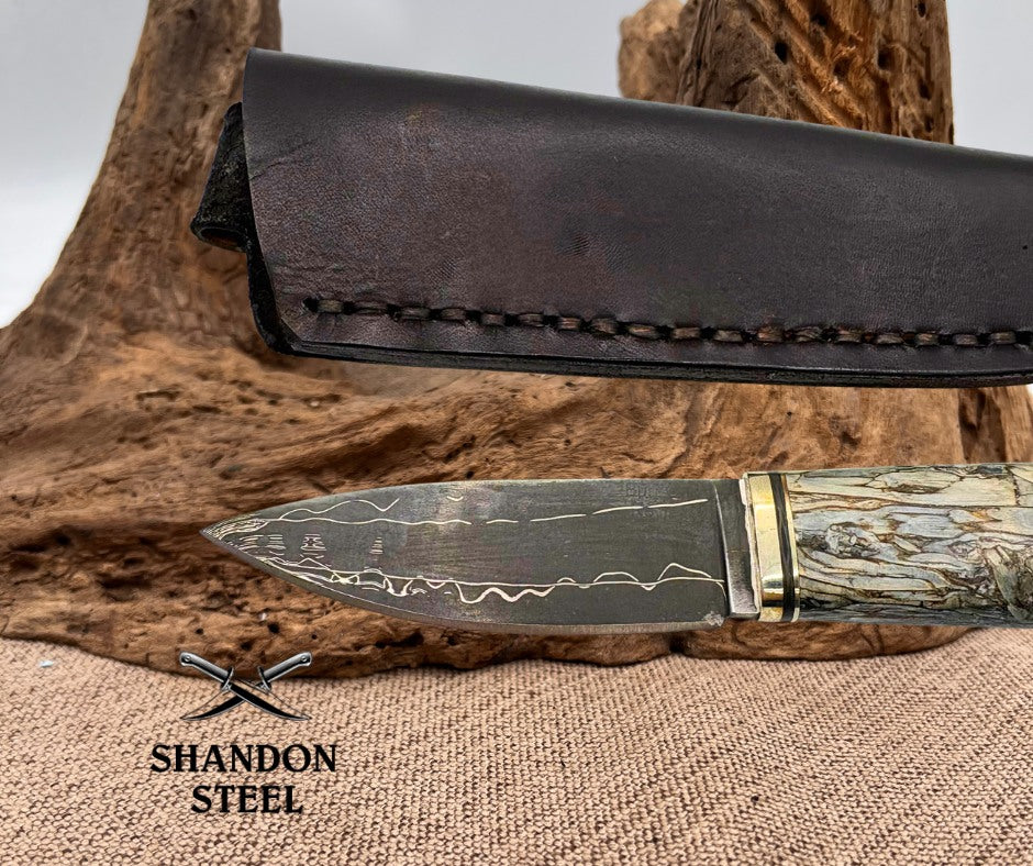 Burr Oak USA Handmade Damascus Clip Point Custom Knife with Leather Sheath (11)