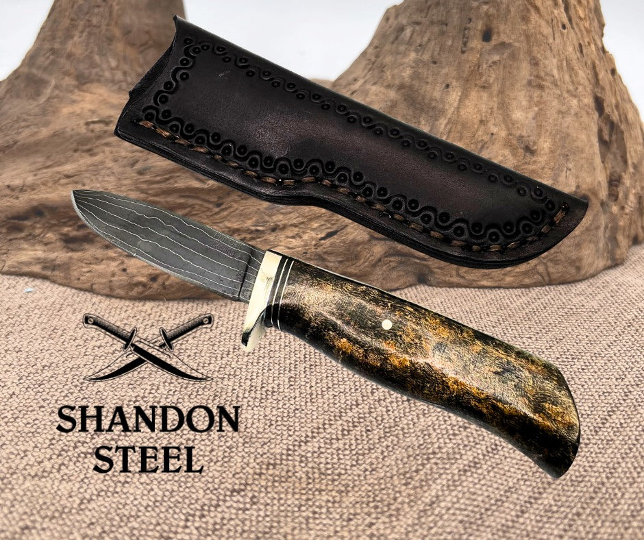 Burr Oak Handmade Random Pattern Damascus Drop Point Hunter Maple Handle Knife 03