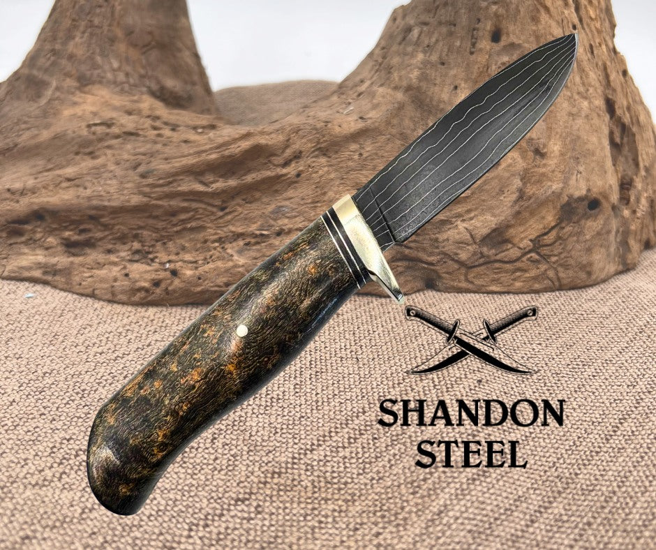 Burr Oak Handmade Random Pattern Damascus Drop Point Hunter Maple Handle Knife 03