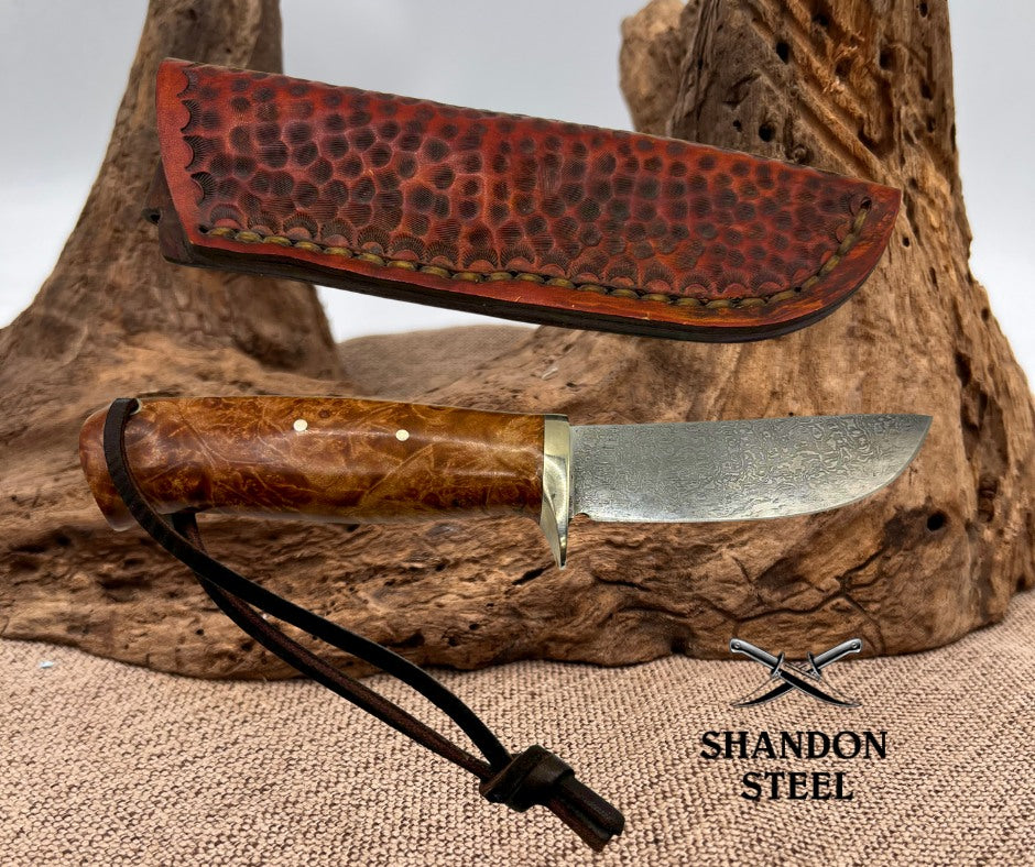 Burr Oak USA Handmade Damascus Skinner Custom Hunter Knife w Leather Sheath (08)