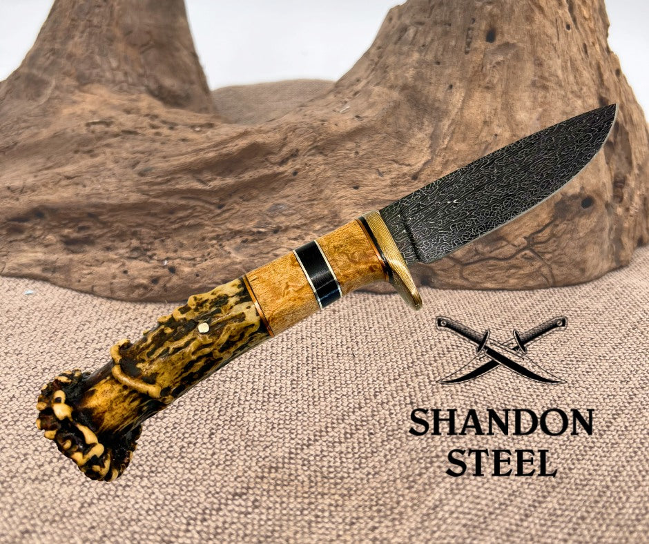 Burr Oak Handmade Turkish Lace Pattern Damascus Drop Point Hunter Custom Knife 02