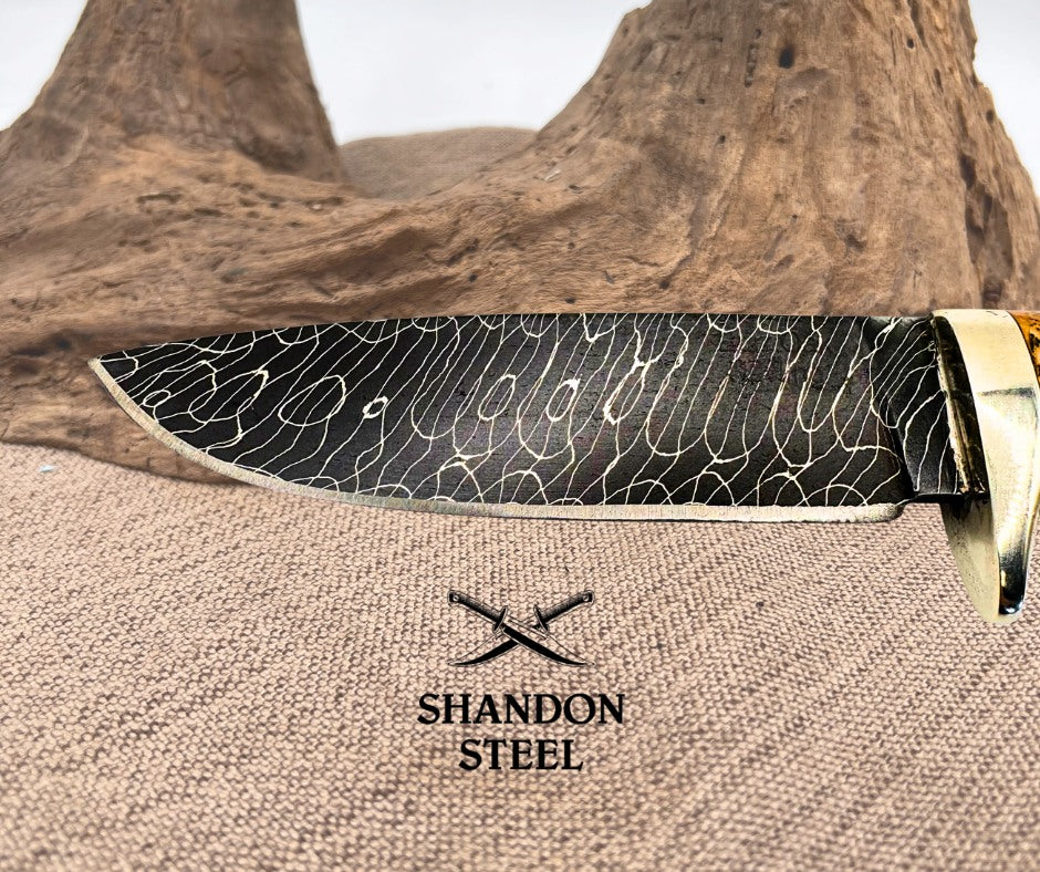Burr Oak Handmade Twisted Checkerboard Damascus Drop Point Stag Hunter  Knife