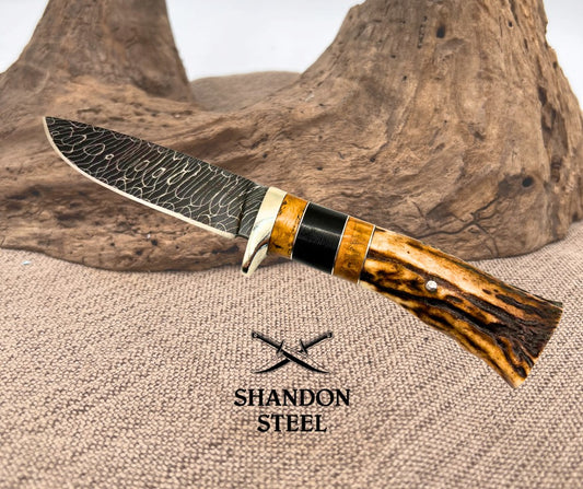 Burr Oak Handmade Twisted Checkerboard Damascus Drop Point Stag Hunter  Knife