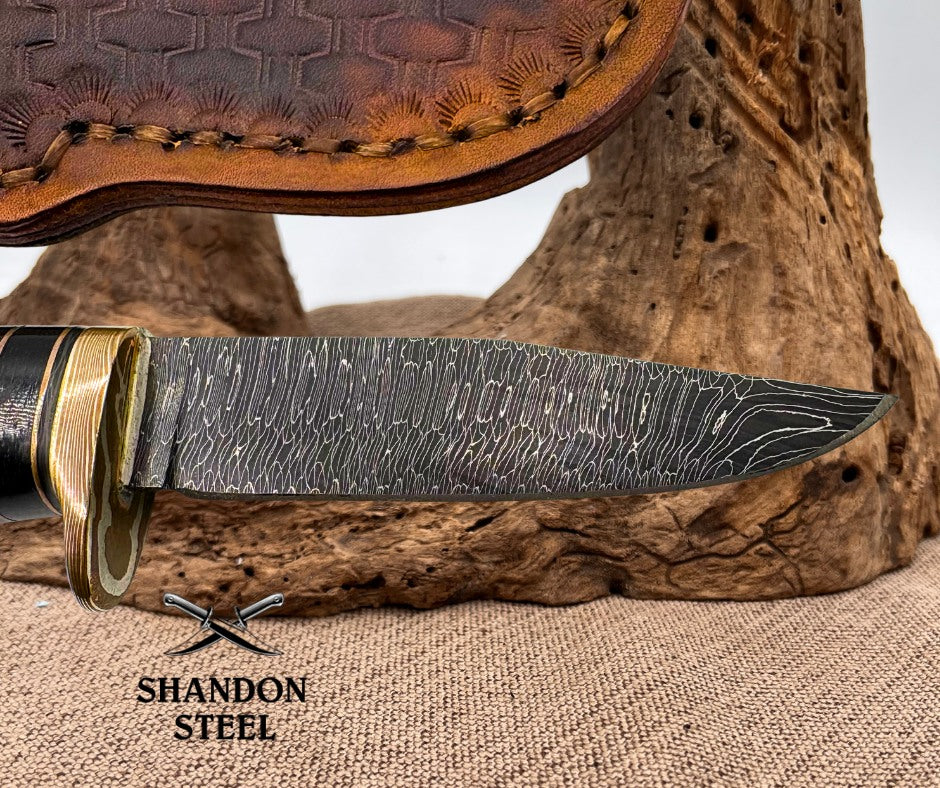 Burr Oak USA Handmade Damascus Clip Point Custom Knife with Leather Sheath (10)