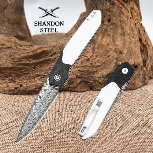 CIVIVI Brr15 Light Flipper Knife Black & White G10 Handle (3.2" Damascus Blade) C25063-DS1