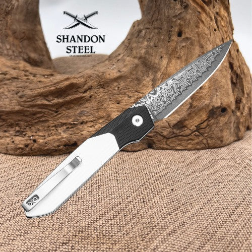 CIVIVI Brr15 Light Flipper Knife Black & White G10 Handle (3.2" Damascus Blade) C25063-DS1