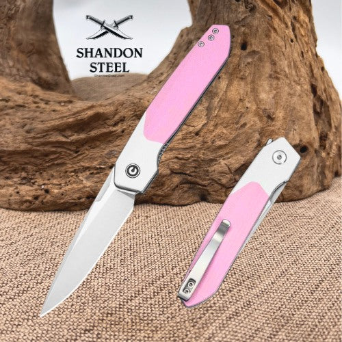 CIVIVI Brr15 Light Flipper Knife White & Powder Pink G10 Handle (3.2" Satin Finished Nitro-V Blade) C25063-3