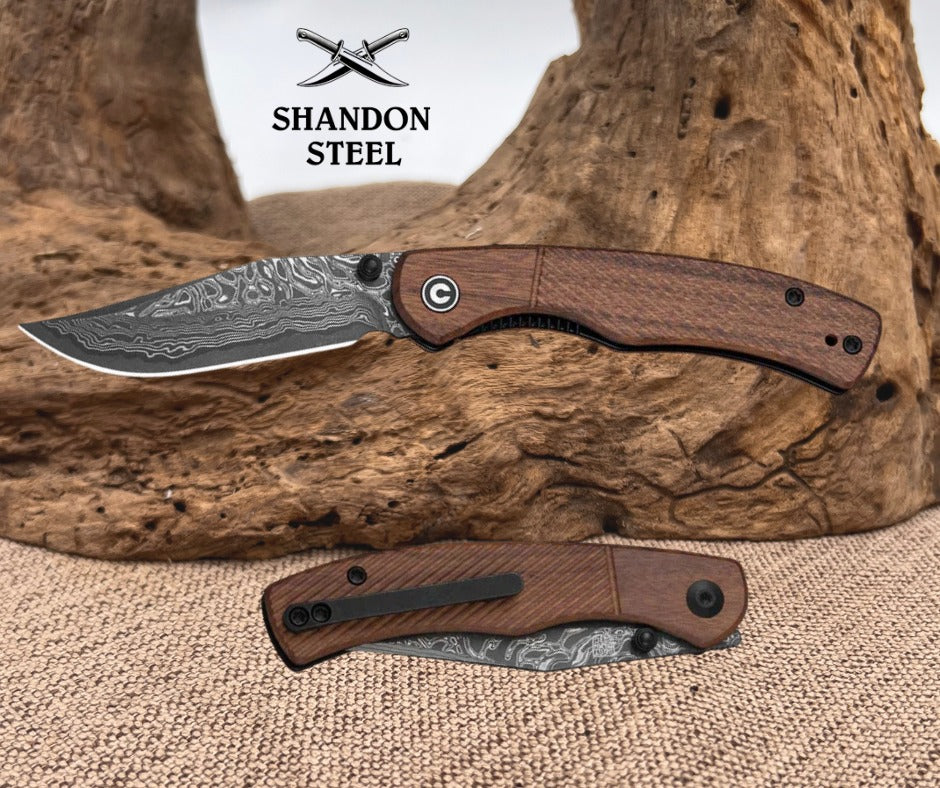 ***COMING SOON*** CIVIVI Clingman Front Flipper & Thumb Stud Knife Milled Guibourtia Wood Handle (2.99" Damascus Blade) C23065B-DS1