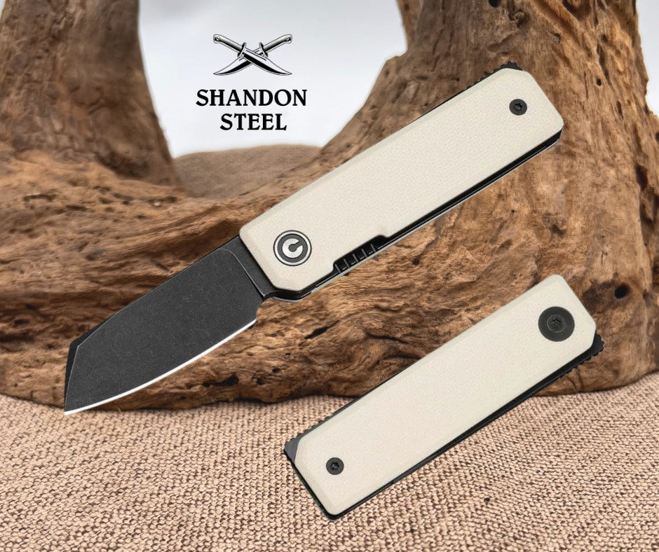 CIVIVI Kukei Front Flipper Knife Ivory G10 Handle (2.02" Black Stonewashed Nitro-V Blade) C25036-3, With 1PC Black Leather Sheath