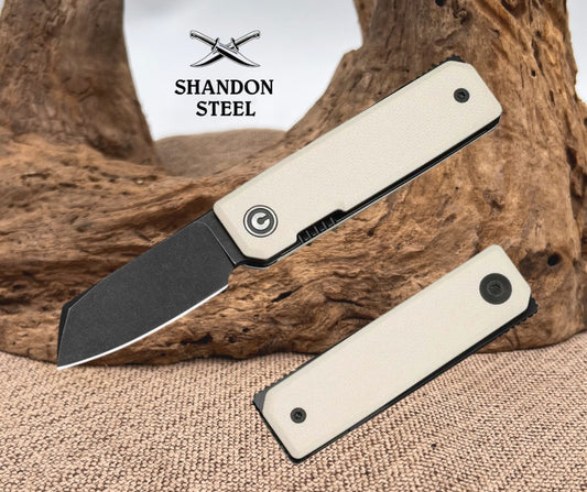 CIVIVI Kukei Front Flipper Knife Ivory G10 Handle (2.02" Black Stonewashed Nitro-V Blade) C25036-3, With 1PC Black Leather Sheath