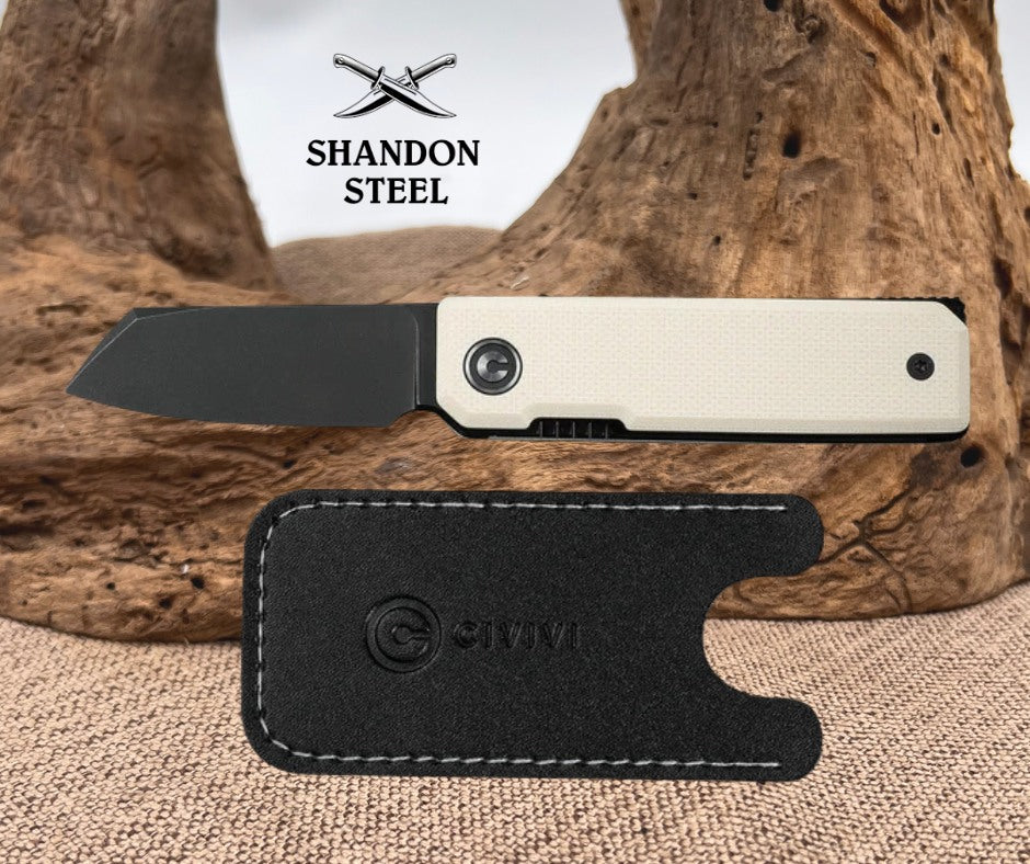 CIVIVI Kukei Front Flipper Knife Ivory G10 Handle (2.02" Black Stonewashed Nitro-V Blade) C25036-3, With 1PC Black Leather Sheath