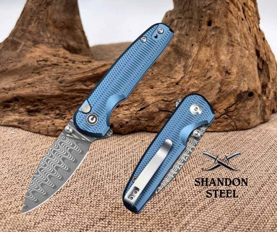 CIVIVI Mini Shakan Flipper & Thumb Stud & Button Lock Knife Ripple Patterned Blue Aluminum Handle (2.48" Damascus Blade) C20052F-DS1