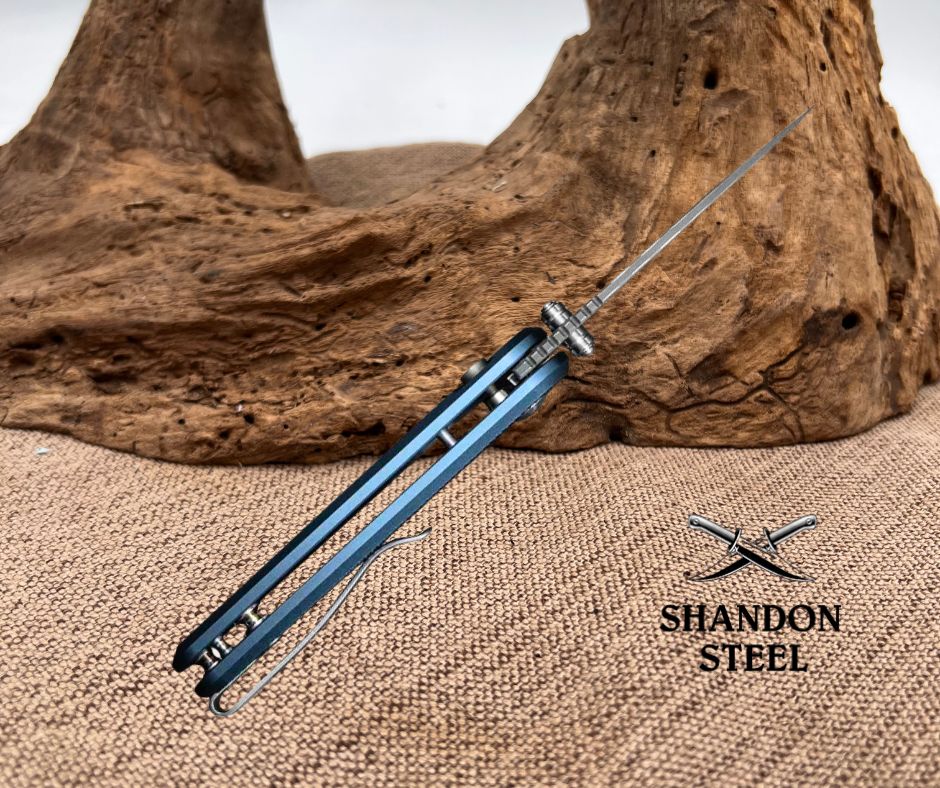CIVIVI Mini Shakan Flipper & Thumb Stud & Button Lock Knife Ripple Patterned Blue Aluminum Handle (2.48" Damascus Blade) C20052F-DS1