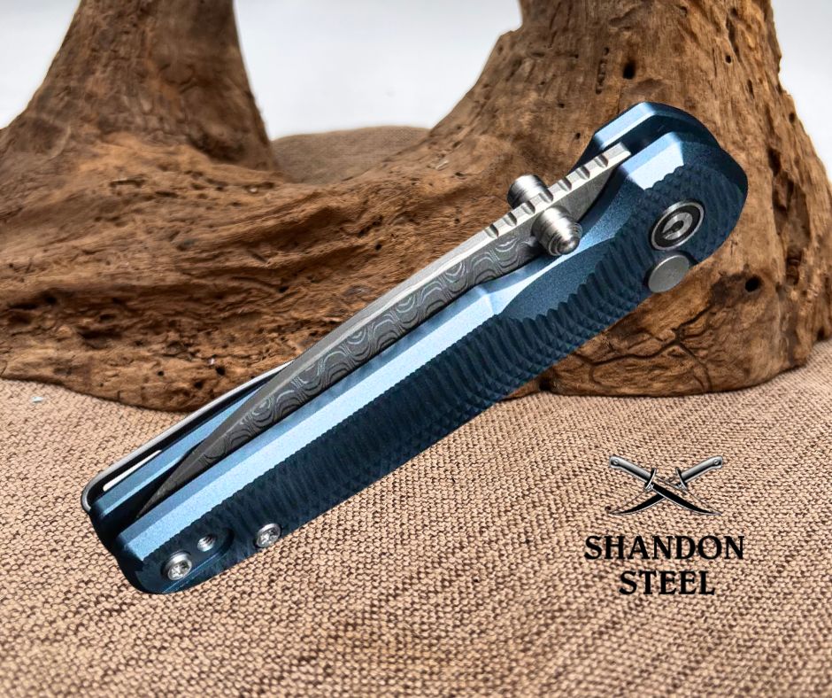 CIVIVI Mini Shakan Flipper & Thumb Stud & Button Lock Knife Ripple Patterned Blue Aluminum Handle (2.48" Damascus Blade) C20052F-DS1