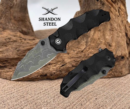 CIVIVI Natterjack Thumb Stud & Button Lock Knife Milled Black G10 Handle (3.19" Damascus Blade) C24028-DS1