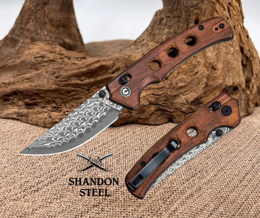 CIVIVI Noctis Thumb Stud & Crossbar Lock Knife Guibourtia Wood Handle (2.98" Damascus Blade) C24020C-DS1