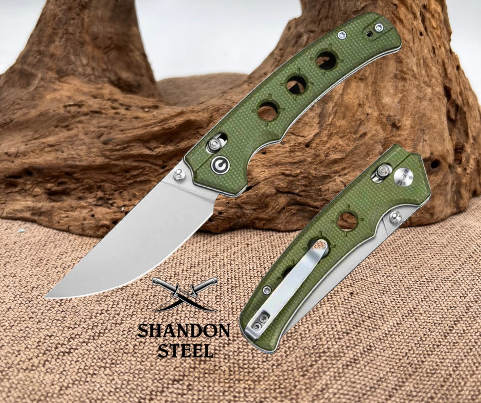 CIVIVI Noctis Thumb Stud & Crossbar Lock Knife Olive Canvas Micarta Handle (2.98" Stonewashed Nitro-V Blade) C24020C-3
