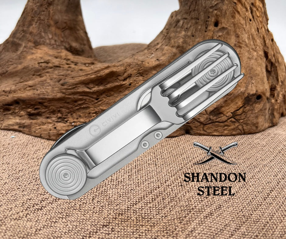 CIVIVI Partake 4-In-1 Multi-Tool Silver Aluminum Handle Stainless Steel Knife, Fork, Spoon & Can Opener C24032C-3, With A Waxed Canvas Pouch