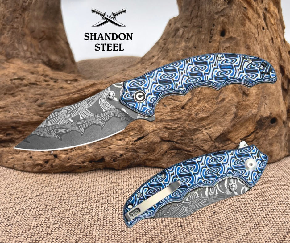 CIVIVI Pentad Flipper & Thumb Stud Knife Blue / White Vortex Micarta Handle (3.48" Damascus Blade) C24068-DS1