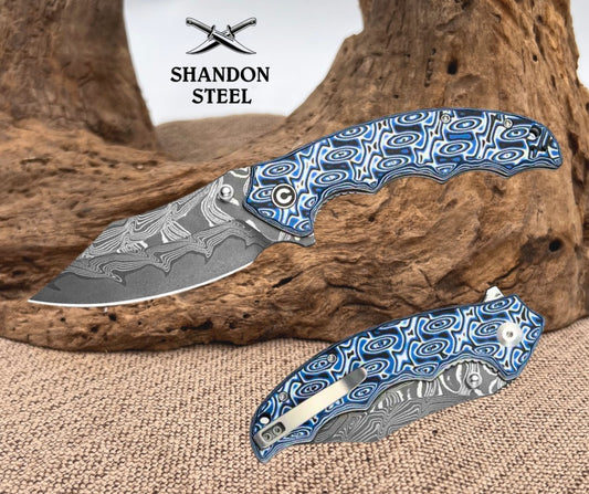 CIVIVI Pentad Flipper & Thumb Stud Knife Blue / White Vortex Micarta Handle (3.48" Damascus Blade) C24068-DS1