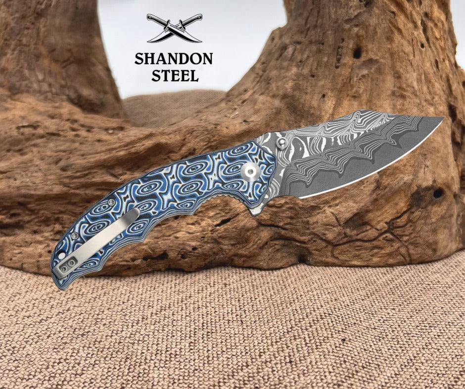 CIVIVI Pentad Flipper & Thumb Stud Knife Blue / White Vortex Micarta Handle (3.48" Damascus Blade) C24068-DS1