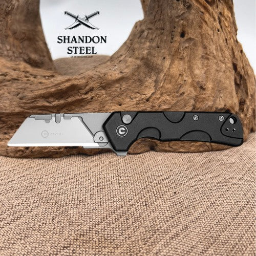 CIVIVI Pulsara Utility Flipper & Button Lock Knife Black Aluminum Handle (2.44" Stonewashed S/S Blade Holder & Plain 6Cr13 Blade) C24041F-1