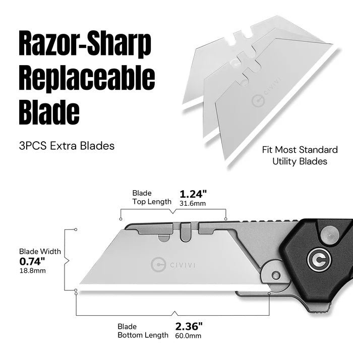 CIVIVI Pulsara Utility Flipper & Button Lock Knife Black Aluminum Handle (2.44" Stonewashed S/S Blade Holder & Plain 6Cr13 Blade) C24041F-1