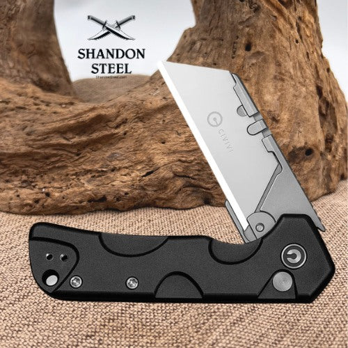 CIVIVI Pulsara Utility Flipper & Button Lock Knife Black Aluminum Handle (2.44" Stonewashed S/S Blade Holder & Plain 6Cr13 Blade) C24041F-1